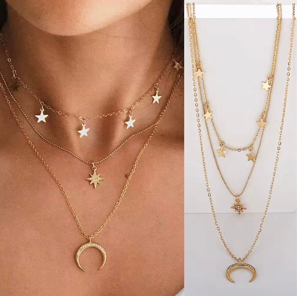 Gold-Tone Layered Star & Moon Necklace | Sushilaa