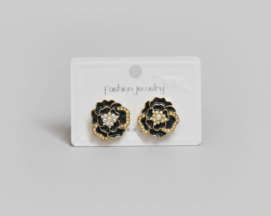 Black Floral Pearl Stud Earrings