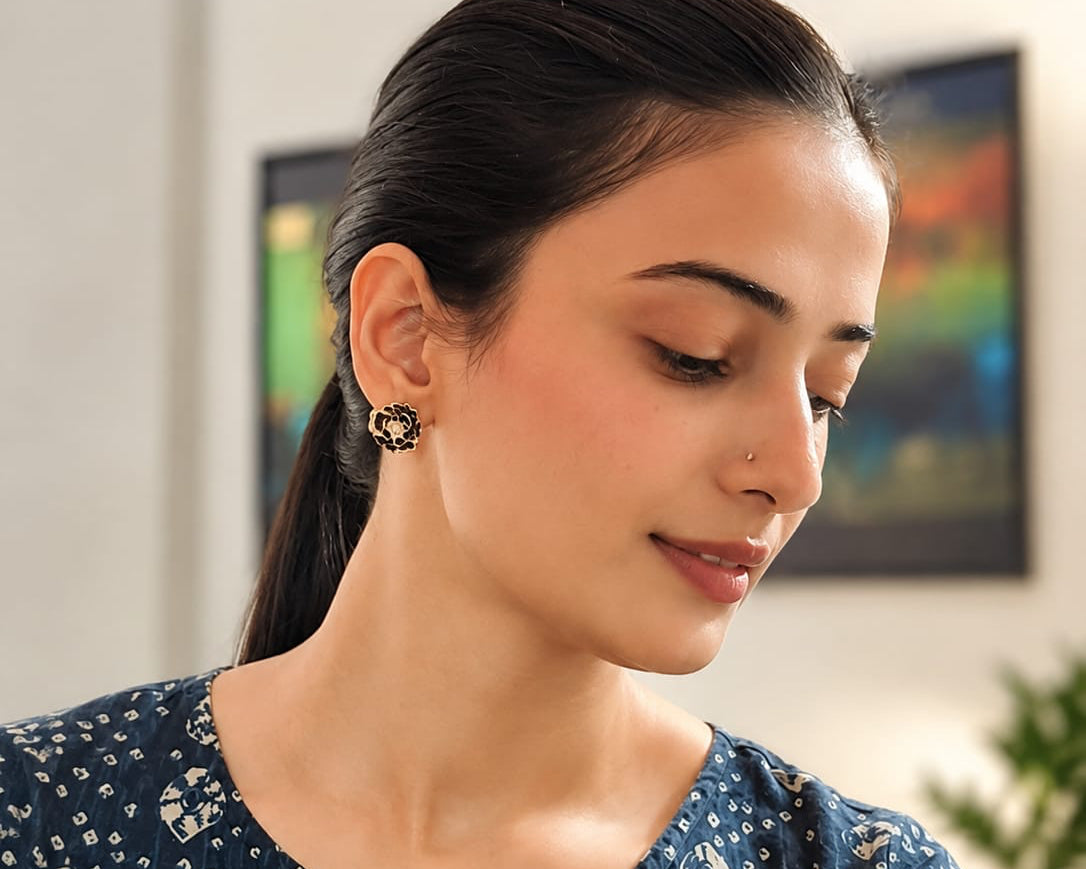 Black Floral Pearl Stud Earrings