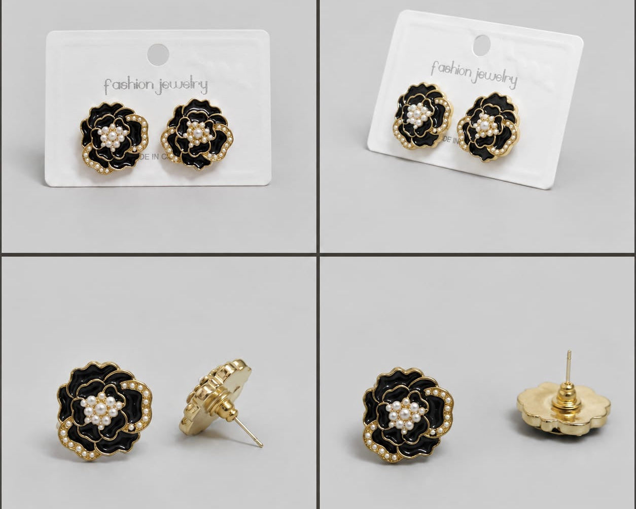 Anti Tarnish Black Floral Pearl Stud Earrings for Women