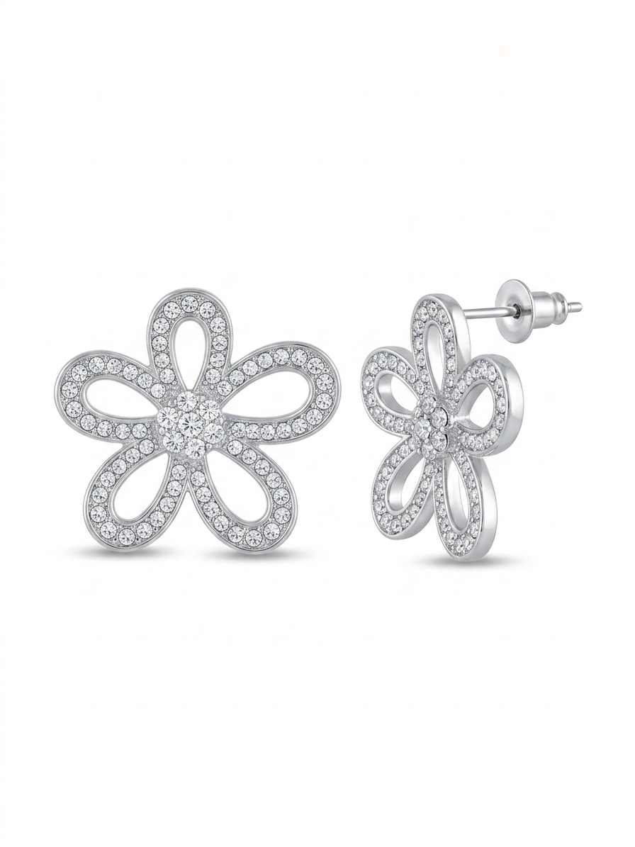 Sushilaa Silver Flower Zircon Stud Earrings for Women