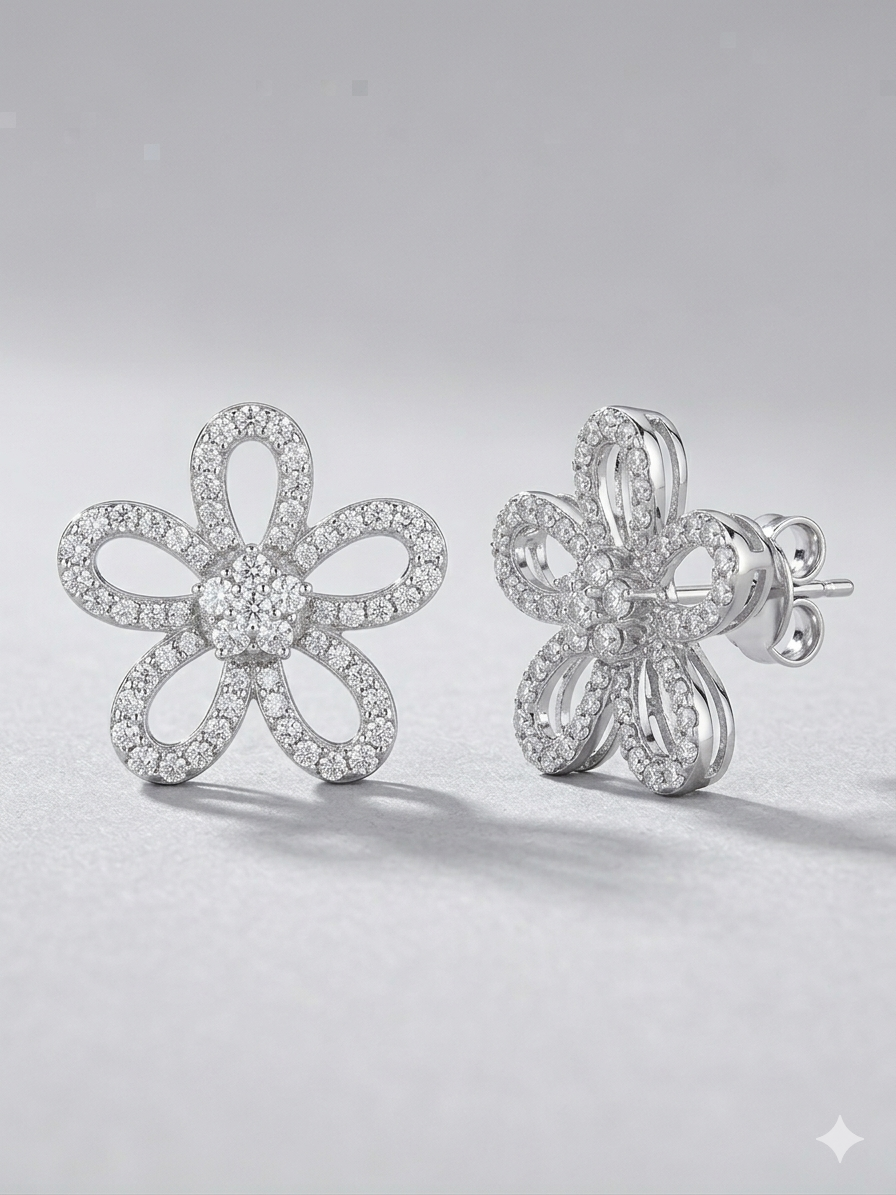 Sushilaa Silver Flower Zircon Stud Earrings for Women